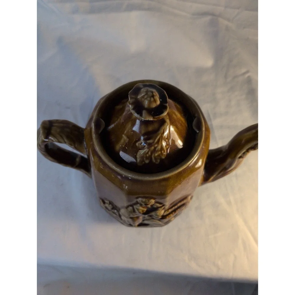 Vintage Brown Drip Glaze Teapot w/ Infuser Insert Relief Scene Japan Style Crack